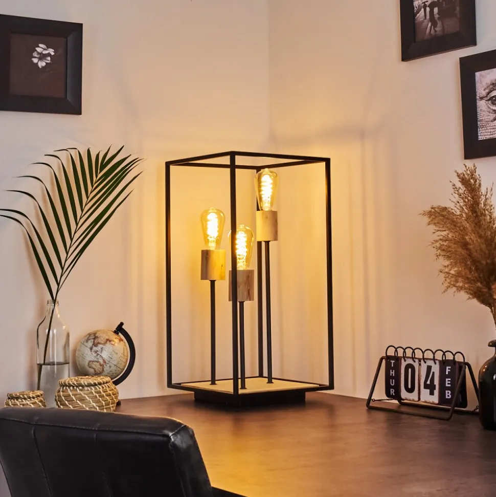 Lampe De Table Salla Bois Clair, Noir, 3 Lumieres