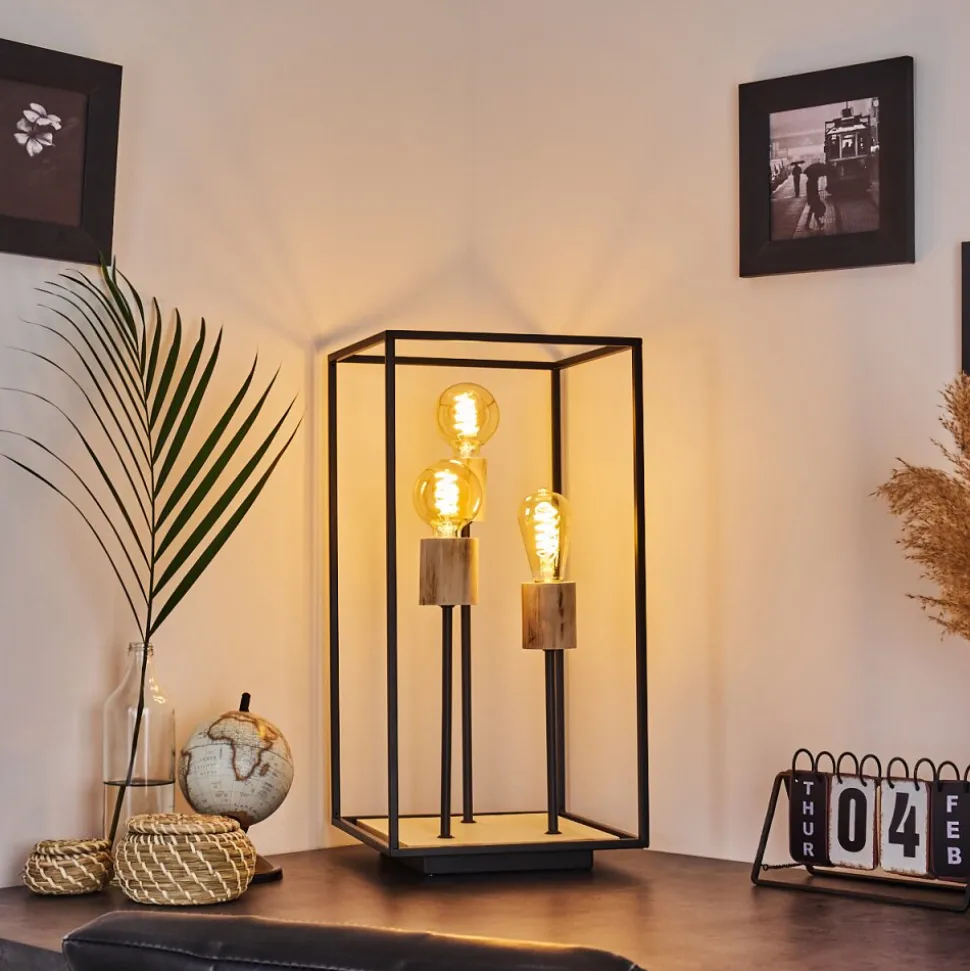 Lampe De Table Salla Bois Clair, Noir, 3 Lumieres