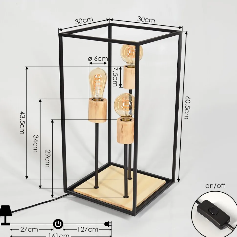 Lampe De Table Salla Bois Clair, Noir, 3 Lumieres