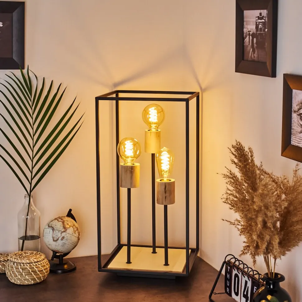 Lampe De Table Salla Bois Clair, Noir, 3 Lumieres