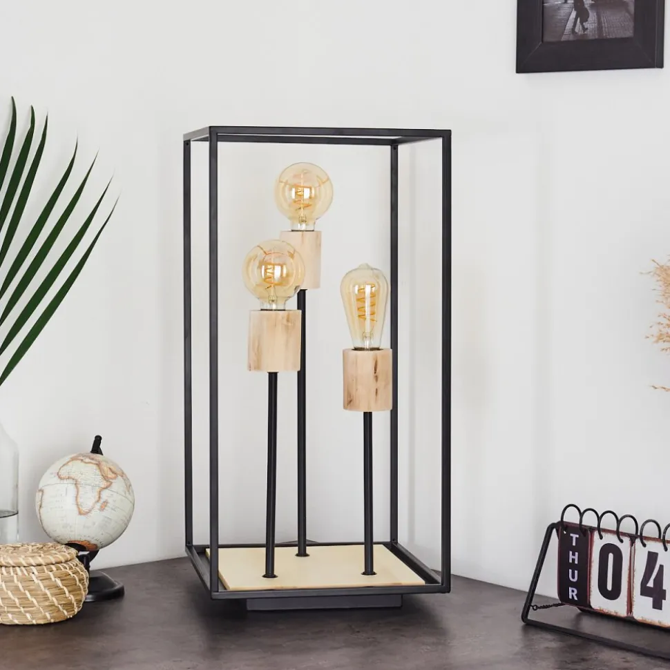 Lampe De Table Salla Bois Clair, Noir, 3 Lumieres