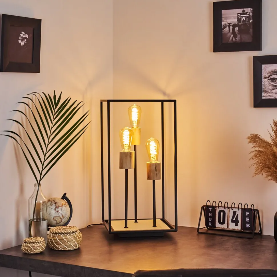 Lampe De Table Salla Bois Clair, Noir, 3 Lumieres
