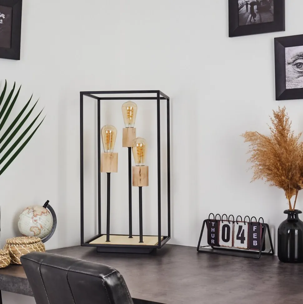 Lampe De Table Salla Bois Clair, Noir, 3 Lumieres