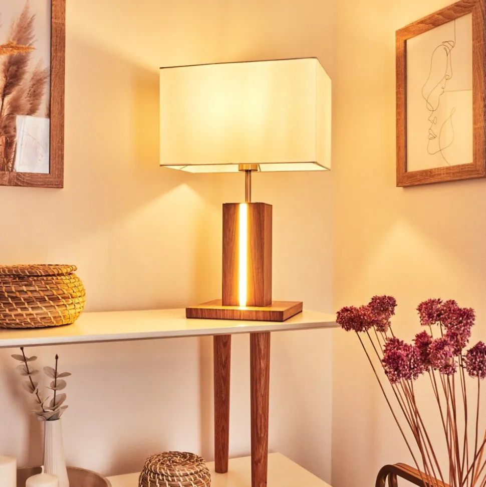 Lampe De Table Sangineto Bois Fonce, Nickel Mat, Blanc, 2 Lumieres
