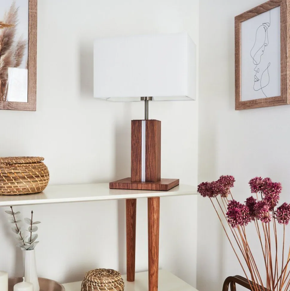 Lampe De Table Sangineto Bois Fonce, Nickel Mat, Blanc, 2 Lumieres