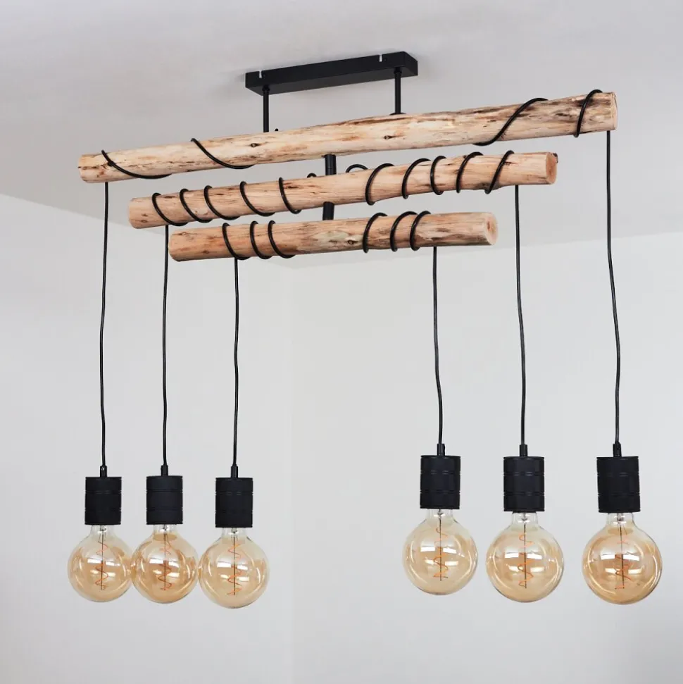 Plafonnier Ajaccio Bois Clair, Noir, 6 Lumieres