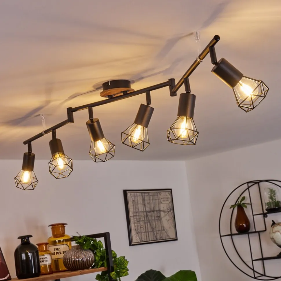 Plafonnier Baripada Bois Fonce, Noir, 6 Lumieres