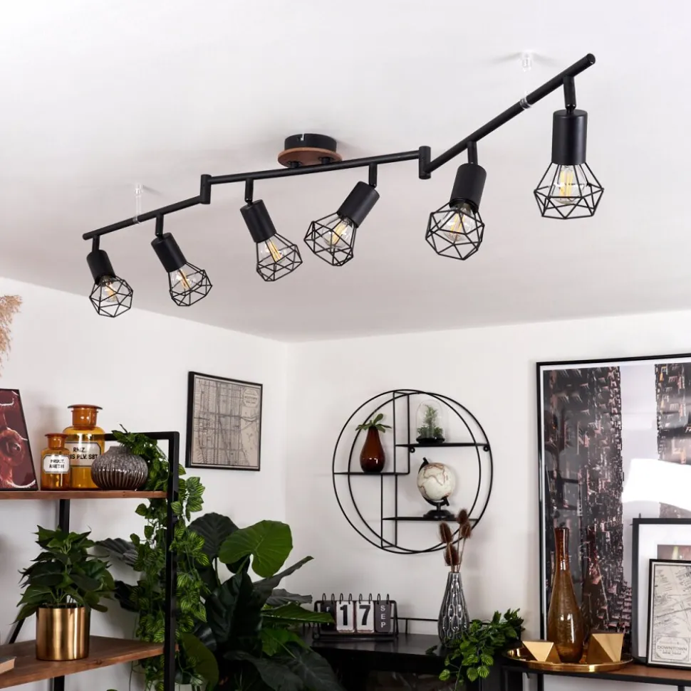 Plafonnier Baripada Bois Fonce, Noir, 6 Lumieres