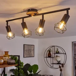 Plafonnier Baripada Bois Fonce, Noir, 4 Lumieres
