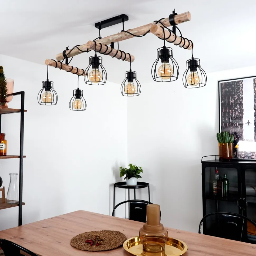 Plafonnier Gondo Bois Clair, Noir, 6 Lumieres