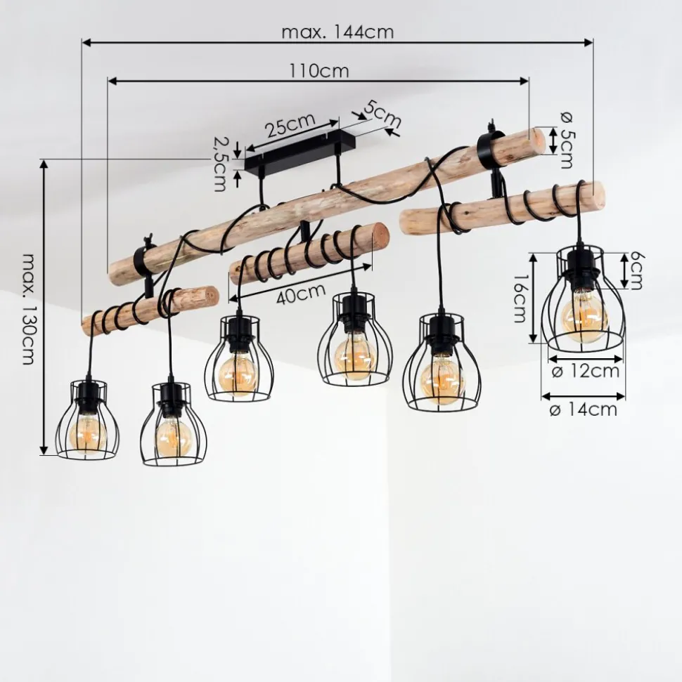 Plafonnier Gondo Bois Clair, Noir, 6 Lumieres