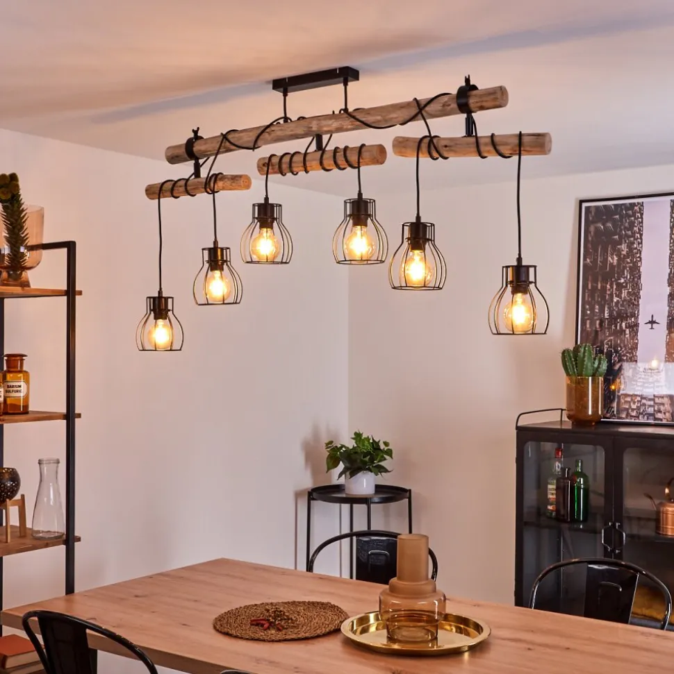 Plafonnier Gondo Bois Clair, Noir, 6 Lumieres