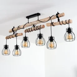 Plafonnier Gondo Bois Clair, Noir, 6 Lumieres
