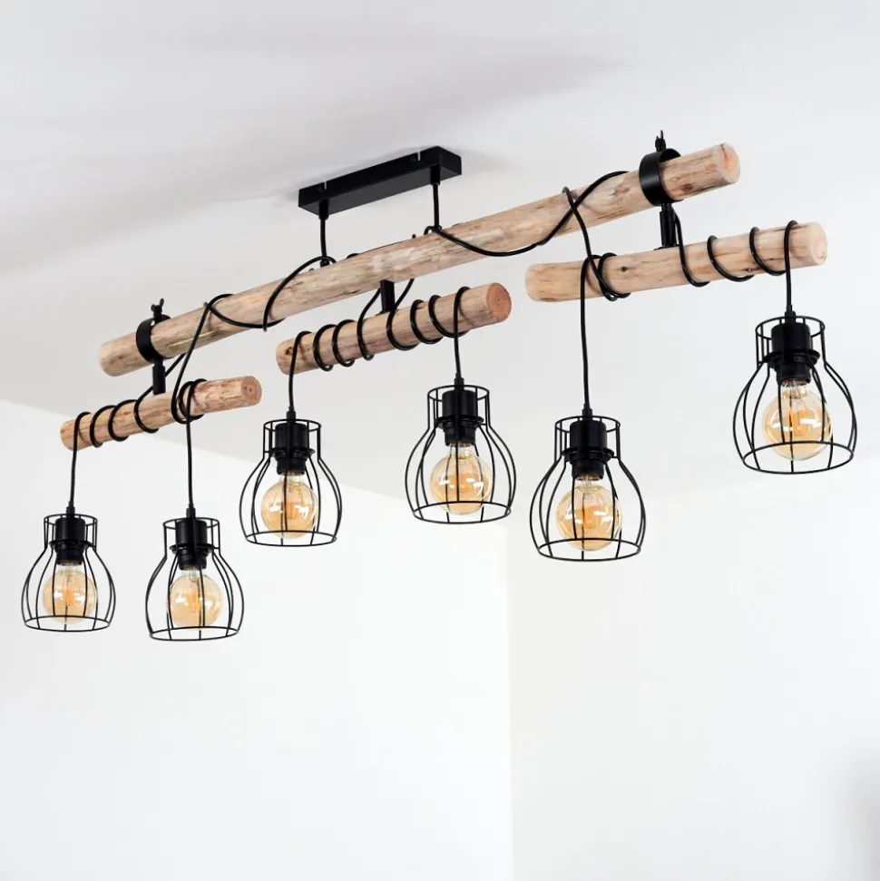 Plafonnier Gondo Bois Clair, Noir, 6 Lumieres