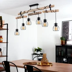 Plafonnier Gondo Bois Clair, Noir, 6 Lumieres