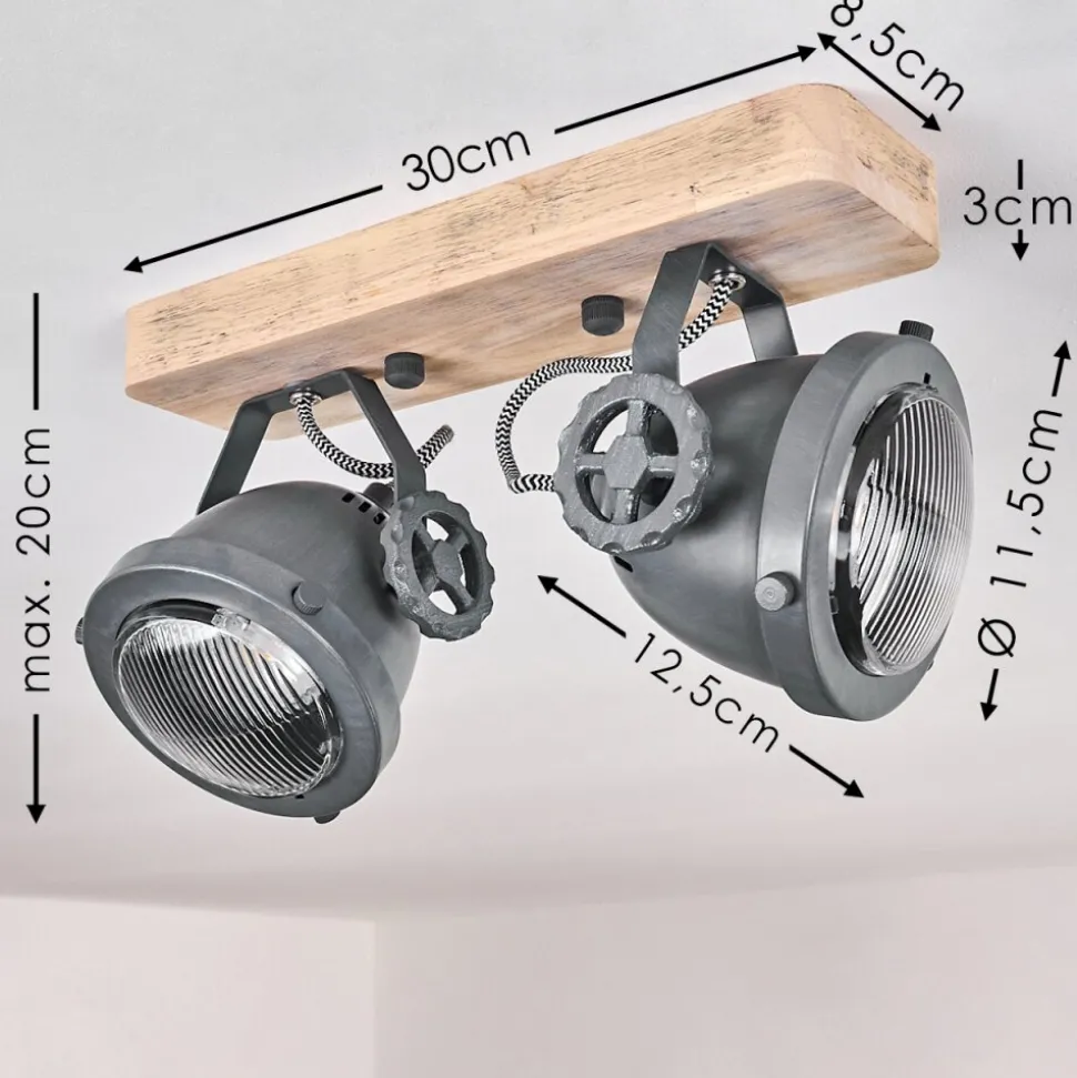 Plafonnier Herford Gris, Bois Clair, 2 Lumieres