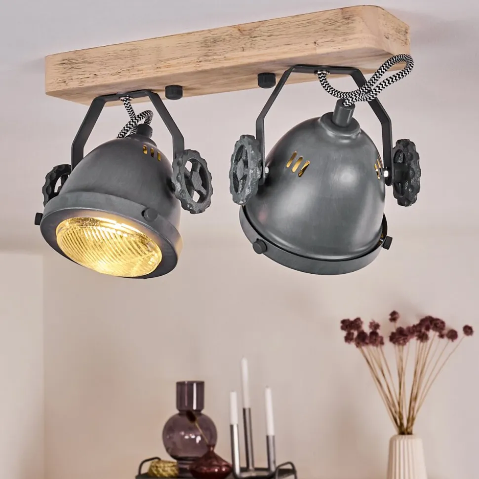 Plafonnier Herford Gris, Bois Clair, 2 Lumieres