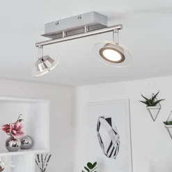 Plafonnier Marsen Led Chrome, Nickel Mat, 2 Lumieres, Telecommandes, Changeur De Couleurs