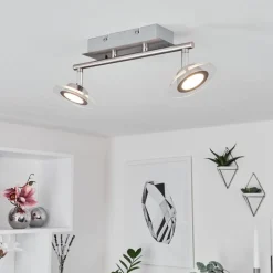 Plafonnier Marsen Led Chrome, Nickel Mat, 2 Lumieres, Telecommandes, Changeur De Couleurs