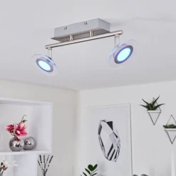 Plafonnier Marsen Led Chrome, Nickel Mat, 2 Lumieres, Telecommandes, Changeur De Couleurs