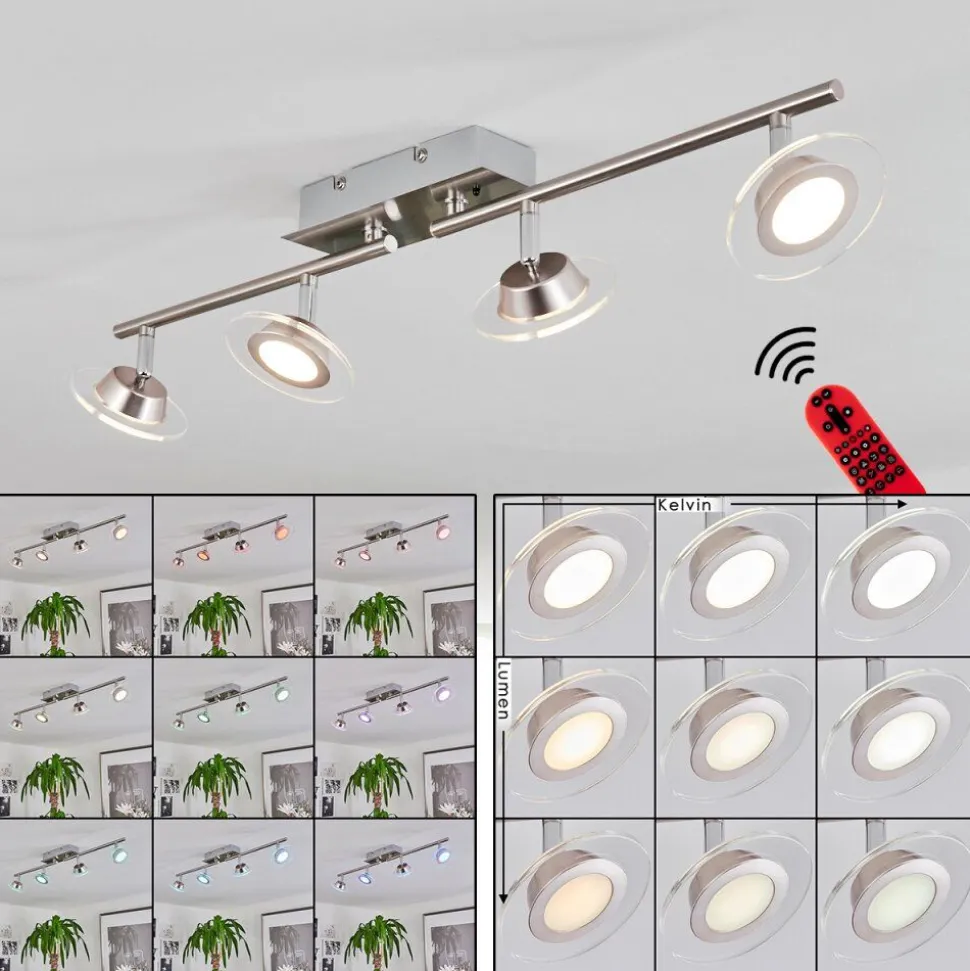 Plafonnier Marsen Led Chrome, Nickel Mat, 4 Lumieres, Telecommandes, Changeur De Couleurs
