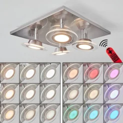 Plafonnier Marsen Led Nickel Mat, 4 Lumieres, Telecommandes, Changeur De Couleurs