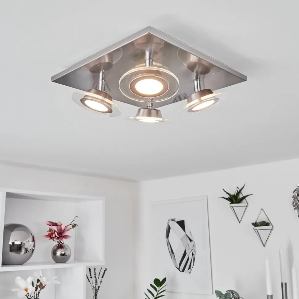 Plafonnier Marsen Led Nickel Mat, 4 Lumieres, Telecommandes, Changeur De Couleurs