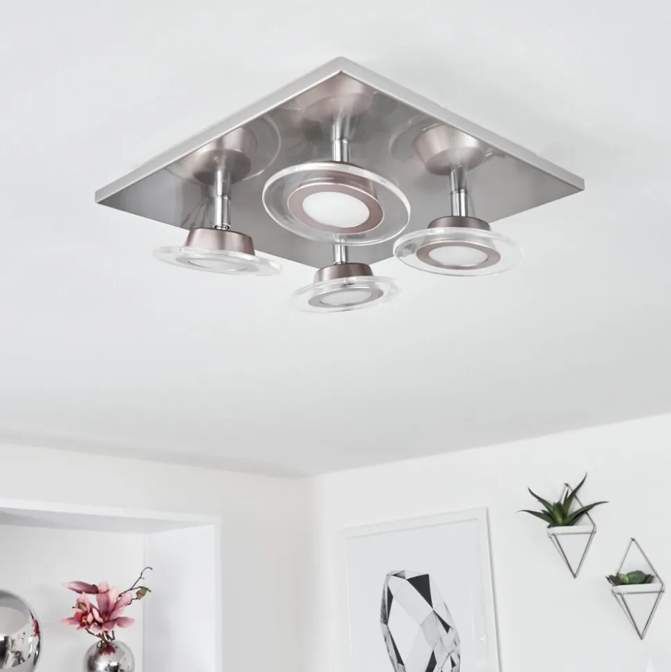 Plafonnier Marsen Led Nickel Mat, 4 Lumieres, Telecommandes, Changeur De Couleurs