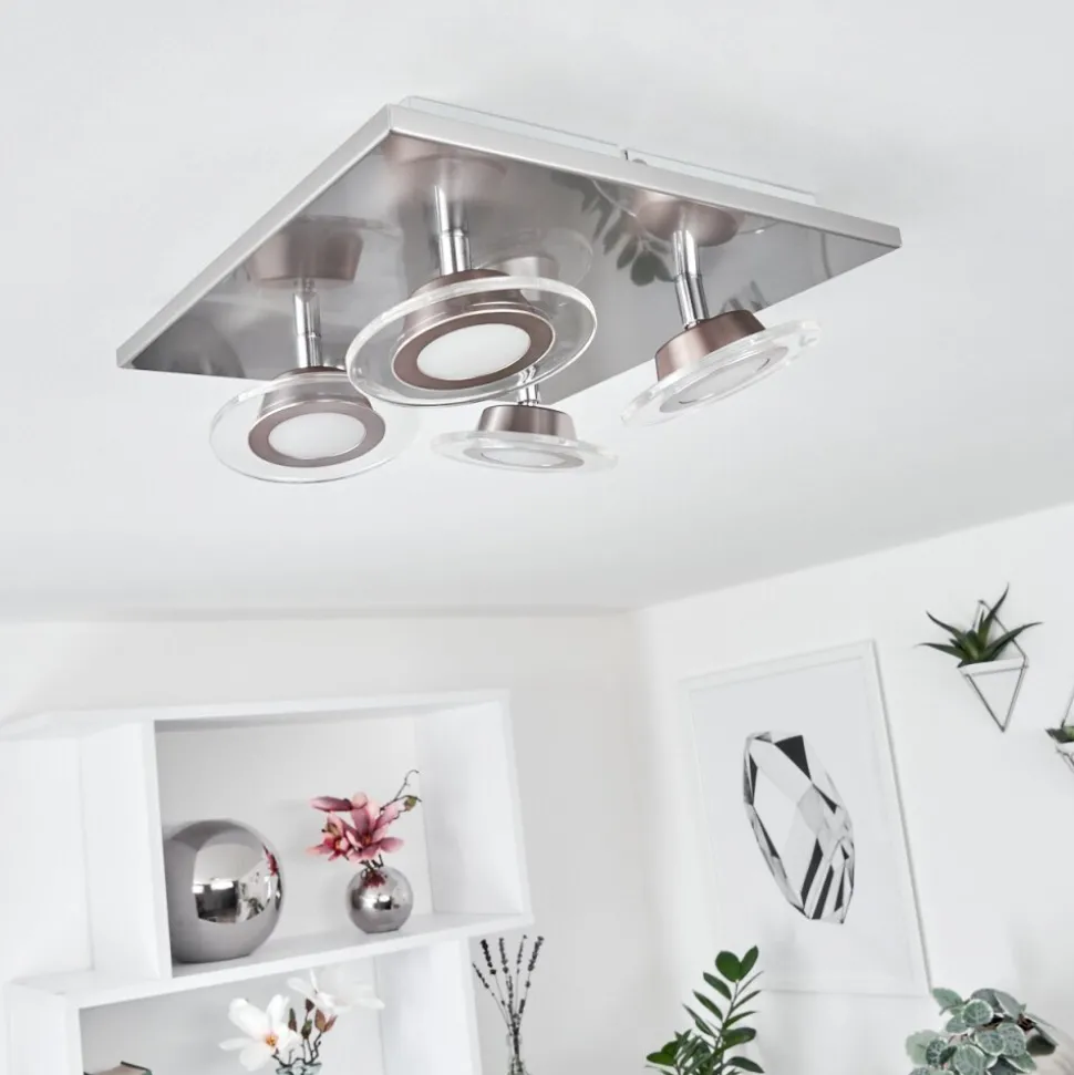Plafonnier Marsen Led Nickel Mat, 4 Lumieres, Telecommandes, Changeur De Couleurs