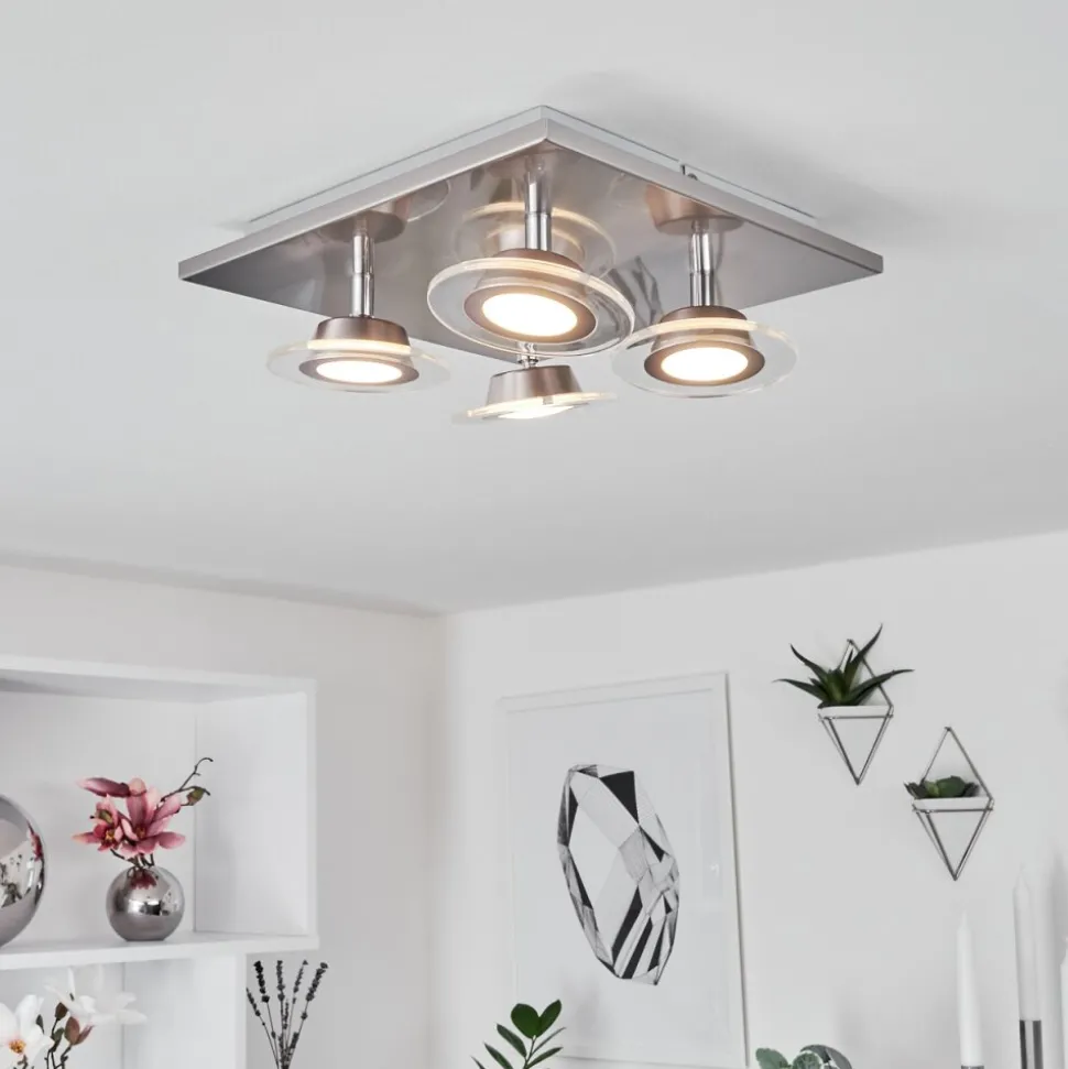 Plafonnier Marsen Led Nickel Mat, 4 Lumieres, Telecommandes, Changeur De Couleurs
