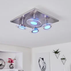 Plafonnier Marsen Led Nickel Mat, 4 Lumieres, Telecommandes, Changeur De Couleurs