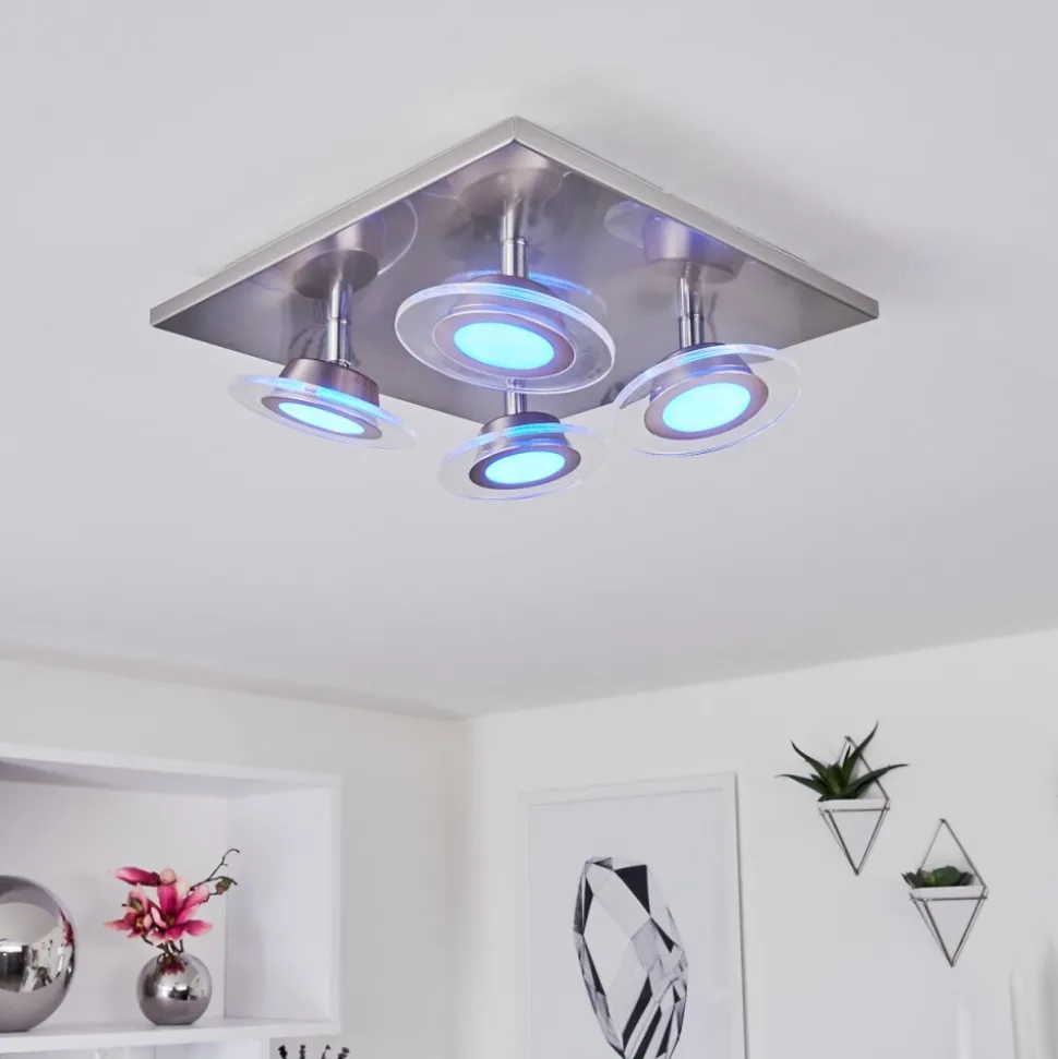 Plafonnier Marsen Led Nickel Mat, 4 Lumieres, Telecommandes, Changeur De Couleurs