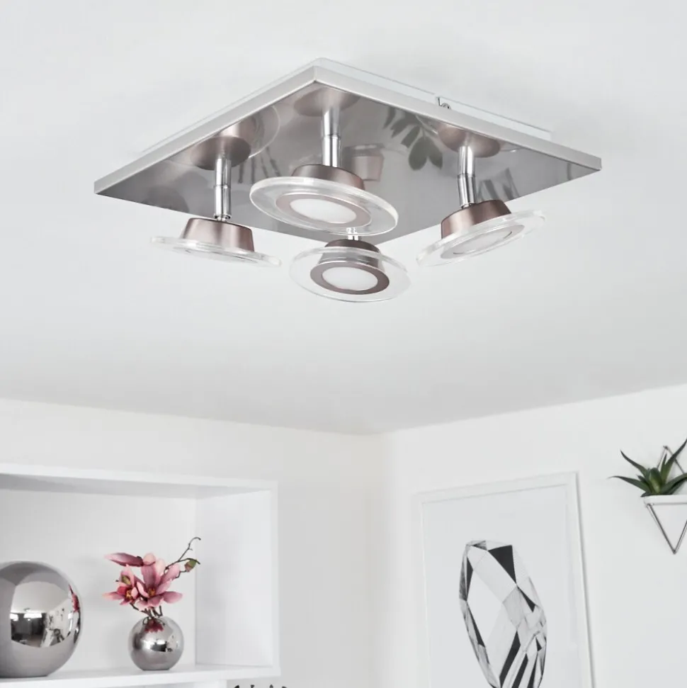 Plafonnier Marsen Led Nickel Mat, 4 Lumieres, Telecommandes, Changeur De Couleurs
