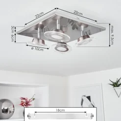 Plafonnier Marsen Led Nickel Mat, 4 Lumieres, Telecommandes, Changeur De Couleurs