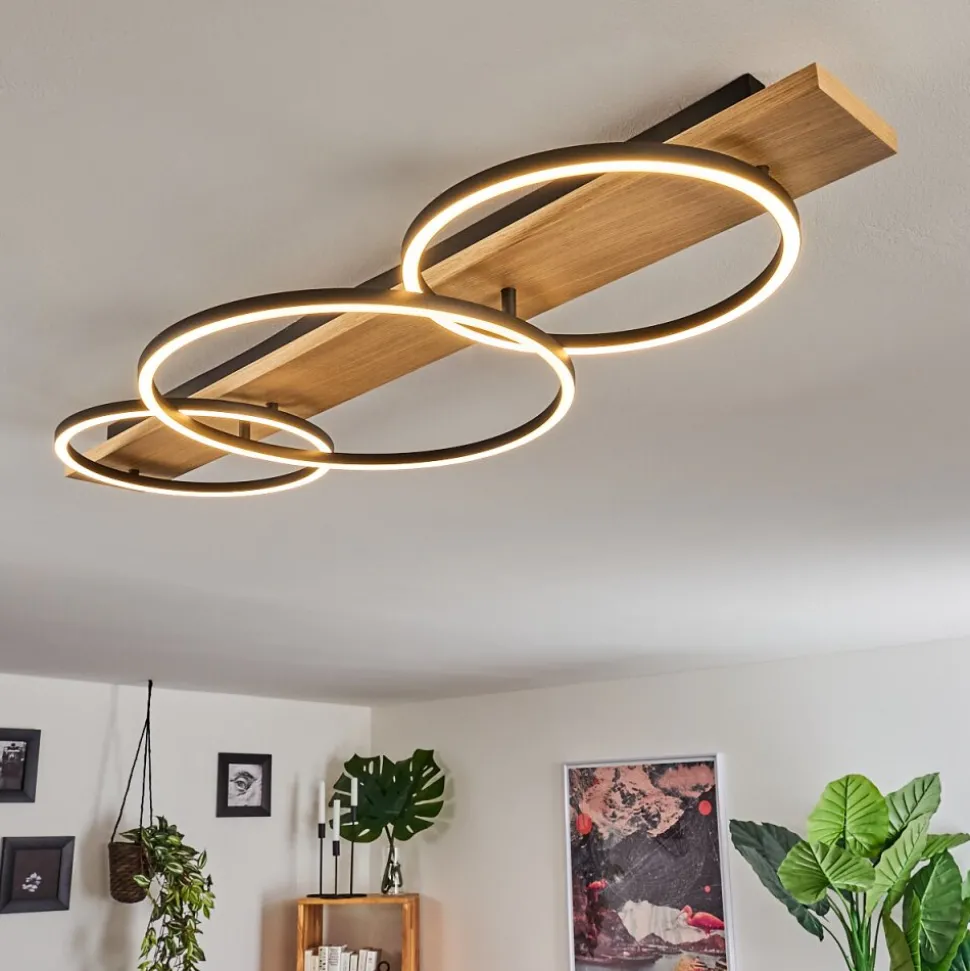 Plafonnier Pompu Led Bois Clair, Noir, 3 Lumieres