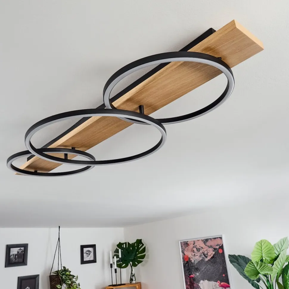 Plafonnier Pompu Led Bois Clair, Noir, 3 Lumieres