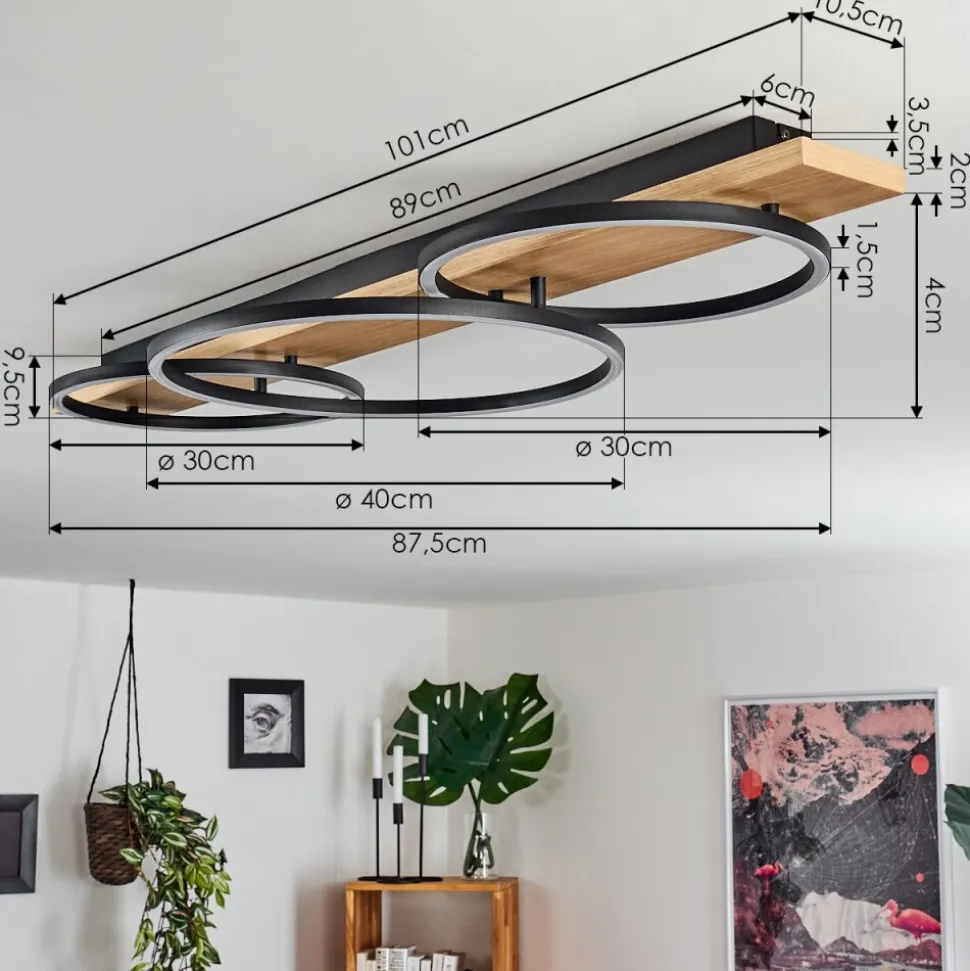 Plafonnier Pompu Led Bois Clair, Noir, 3 Lumieres