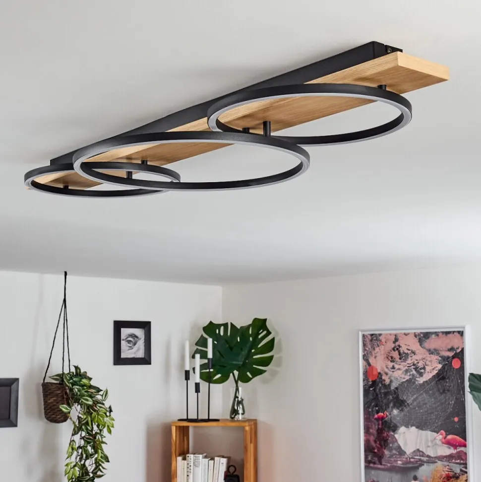 Plafonnier Pompu Led Bois Clair, Noir, 3 Lumieres
