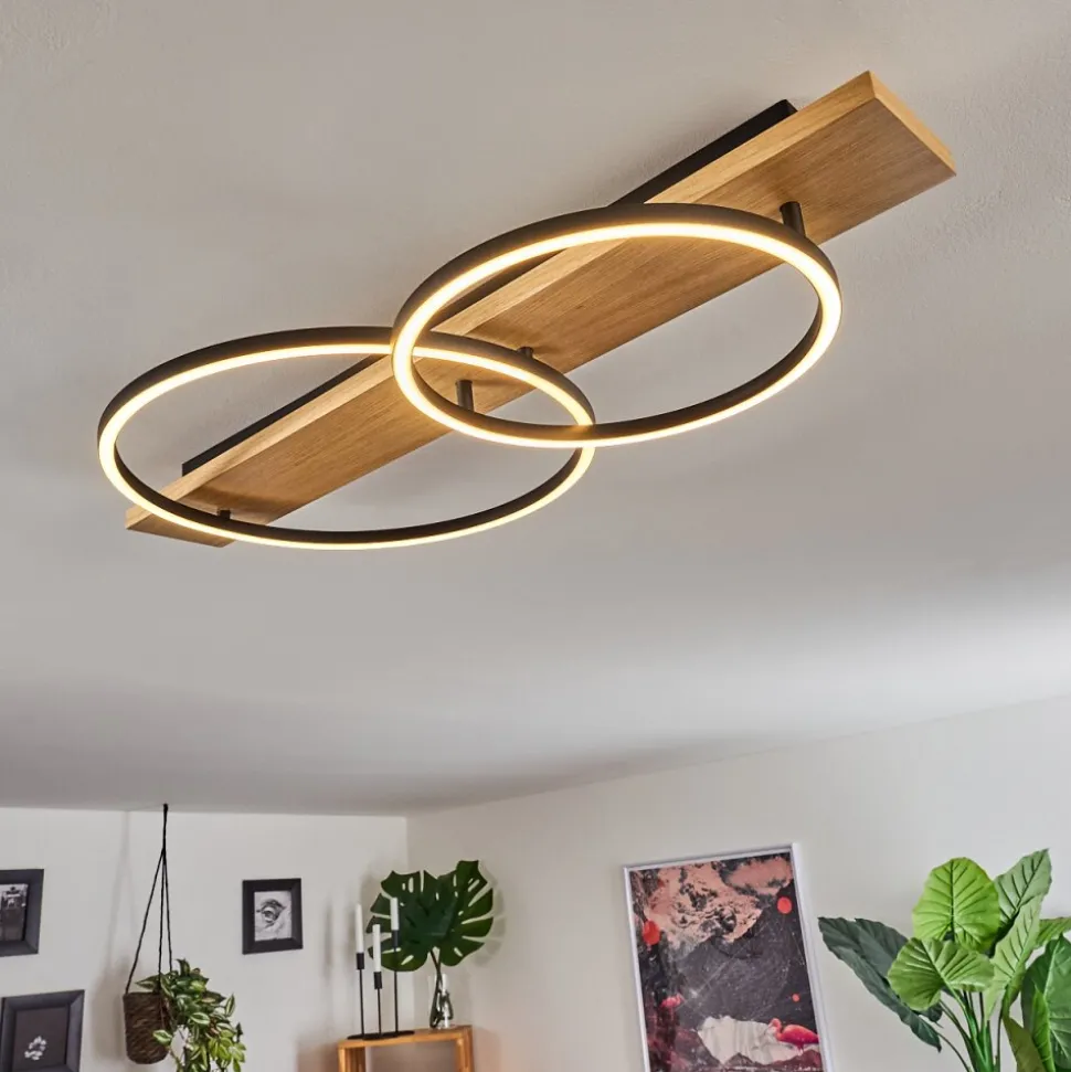 Plafonnier Pompu Led Bois Clair, Noir, 2 Lumieres