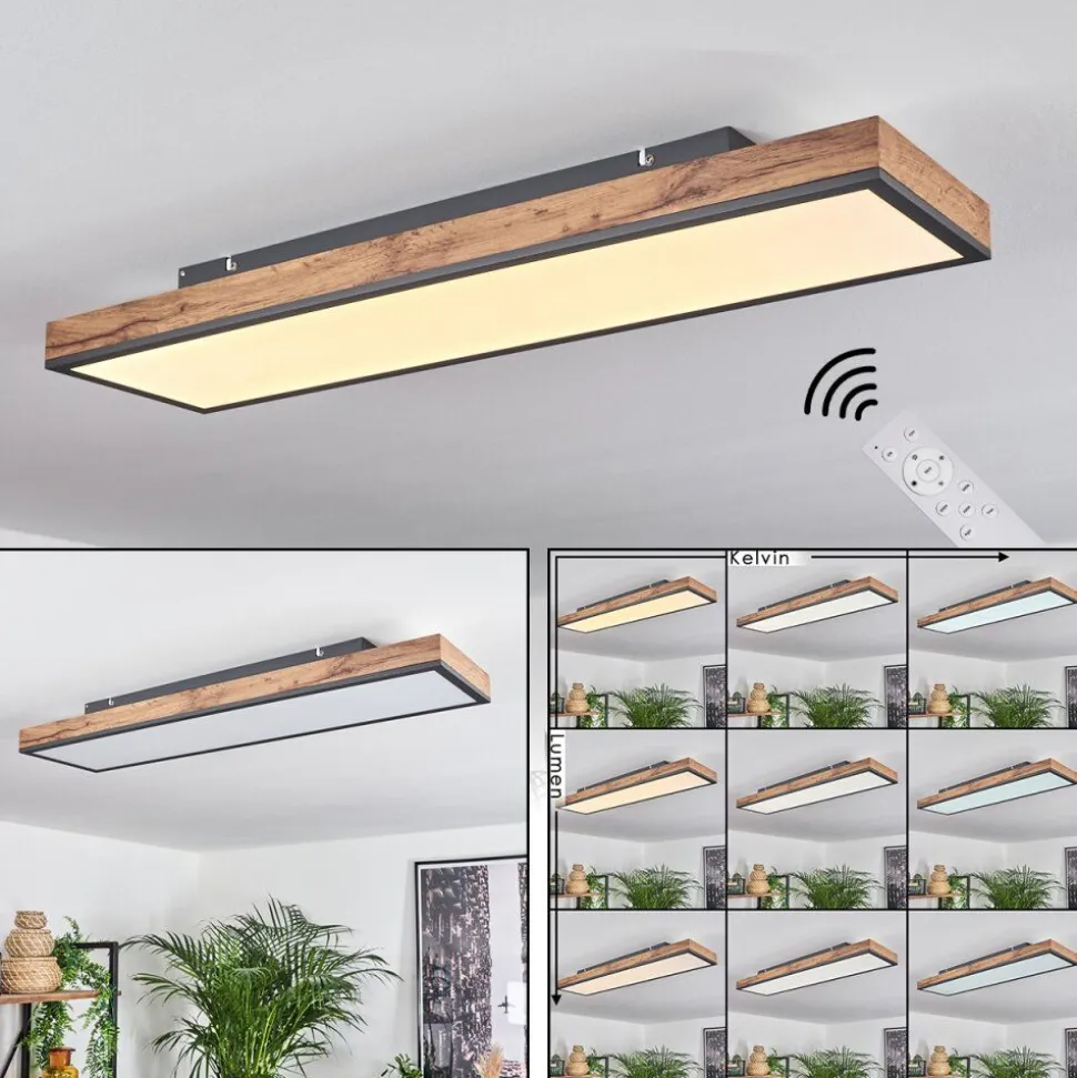 Plafonnier Salmi Led Brun, Couleur Bois, Noir, 1 Lumiere, Telecommandes