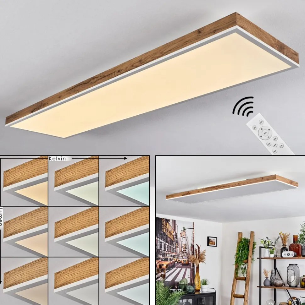 Plafonnier Salmi Led Brun, Couleur Bois, Blanc, 1 Lumiere, Telecommandes