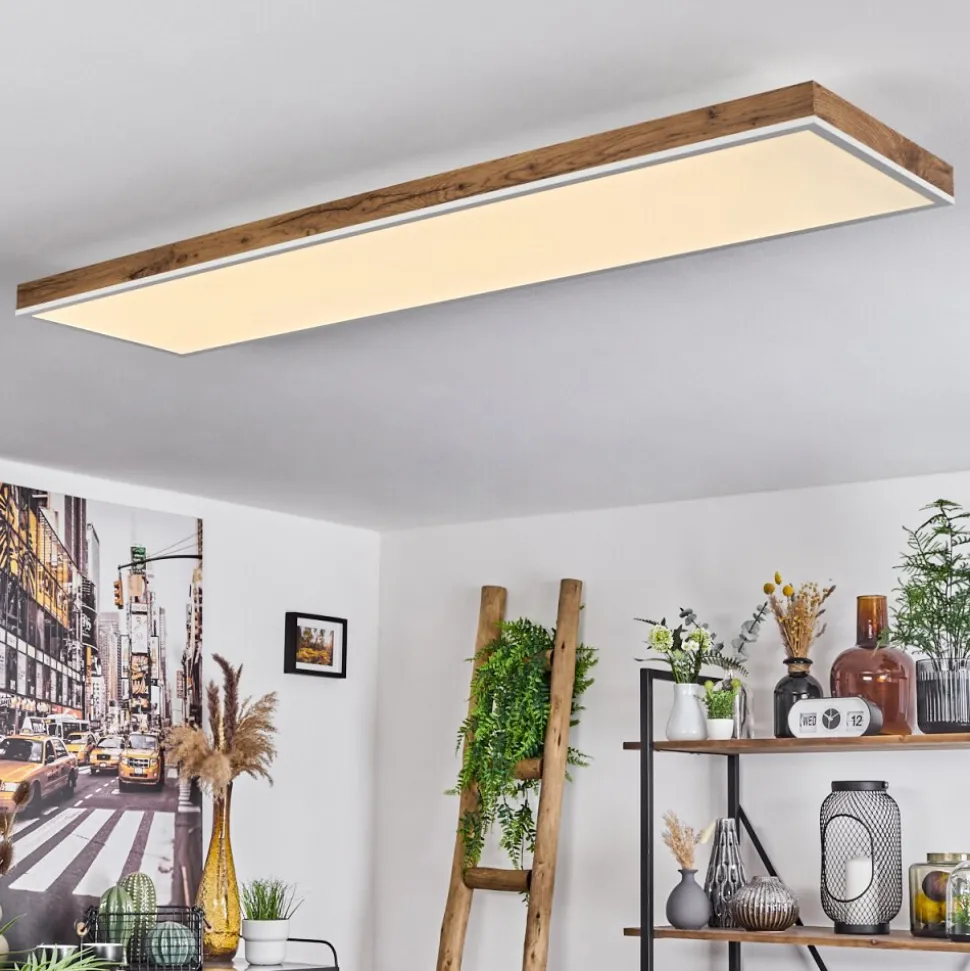 Plafonnier Salmi Led Brun, Couleur Bois, Blanc, 1 Lumiere, Telecommandes