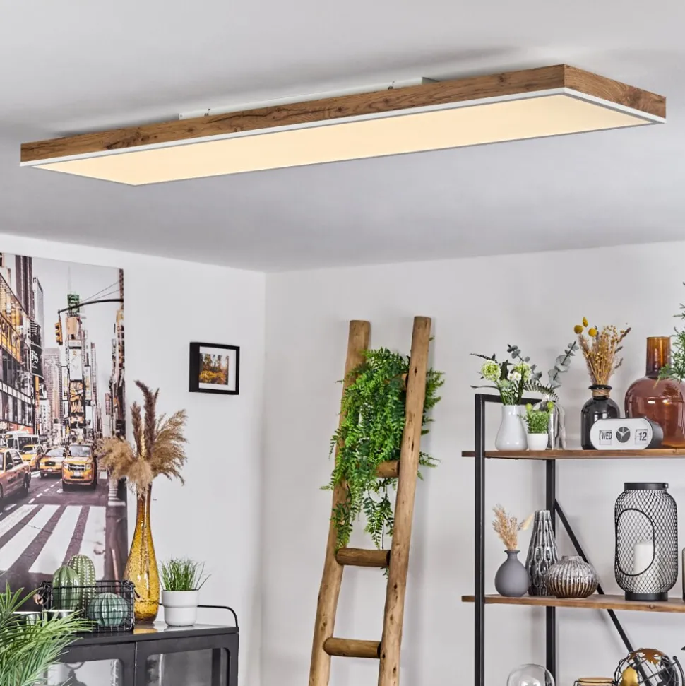 Plafonnier Salmi Led Brun, Couleur Bois, Blanc, 1 Lumiere, Telecommandes