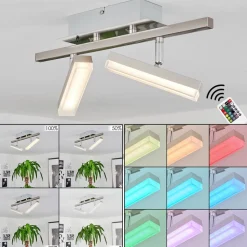 Plafonnier Vehkala Led Chrome, Nickel Mat, 2 Lumieres, Telecommandes, Changeur De Couleurs
