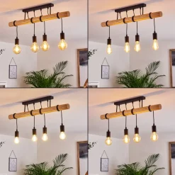 Plafonnier Yaak Bois Clair, Noir, 4 Lumieres