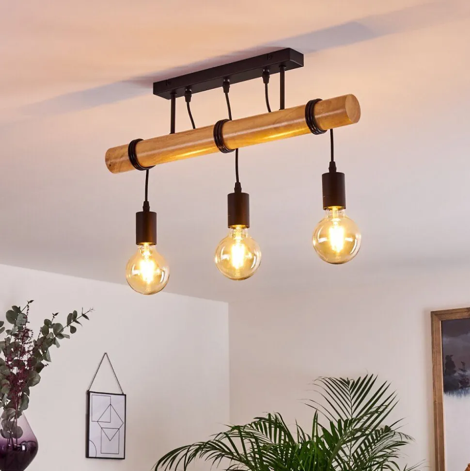 Plafonnier Yaak Bois Clair, Noir, 3 Lumieres