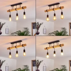 Plafonnier Yaak Bois Clair, Noir, 3 Lumieres