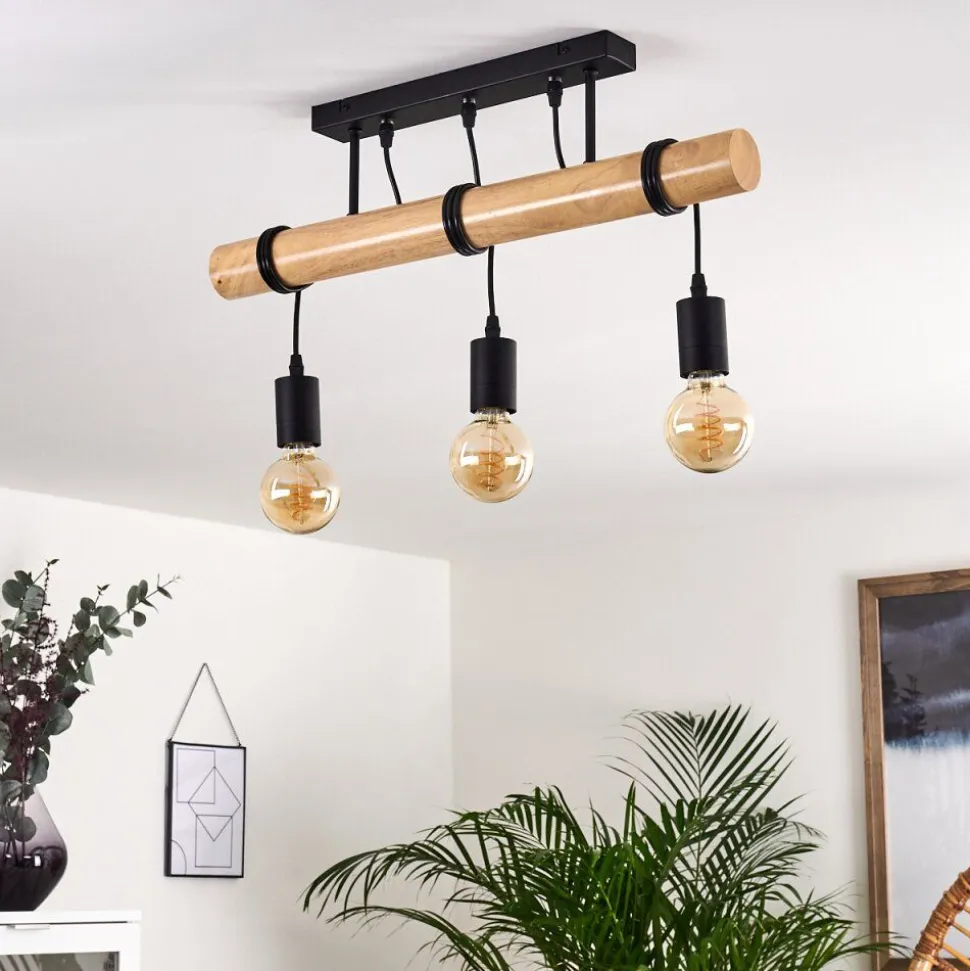 Plafonnier Yaak Bois Clair, Noir, 3 Lumieres