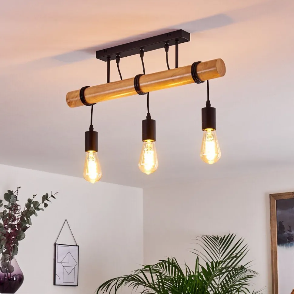 Plafonnier Yaak Bois Clair, Noir, 3 Lumieres