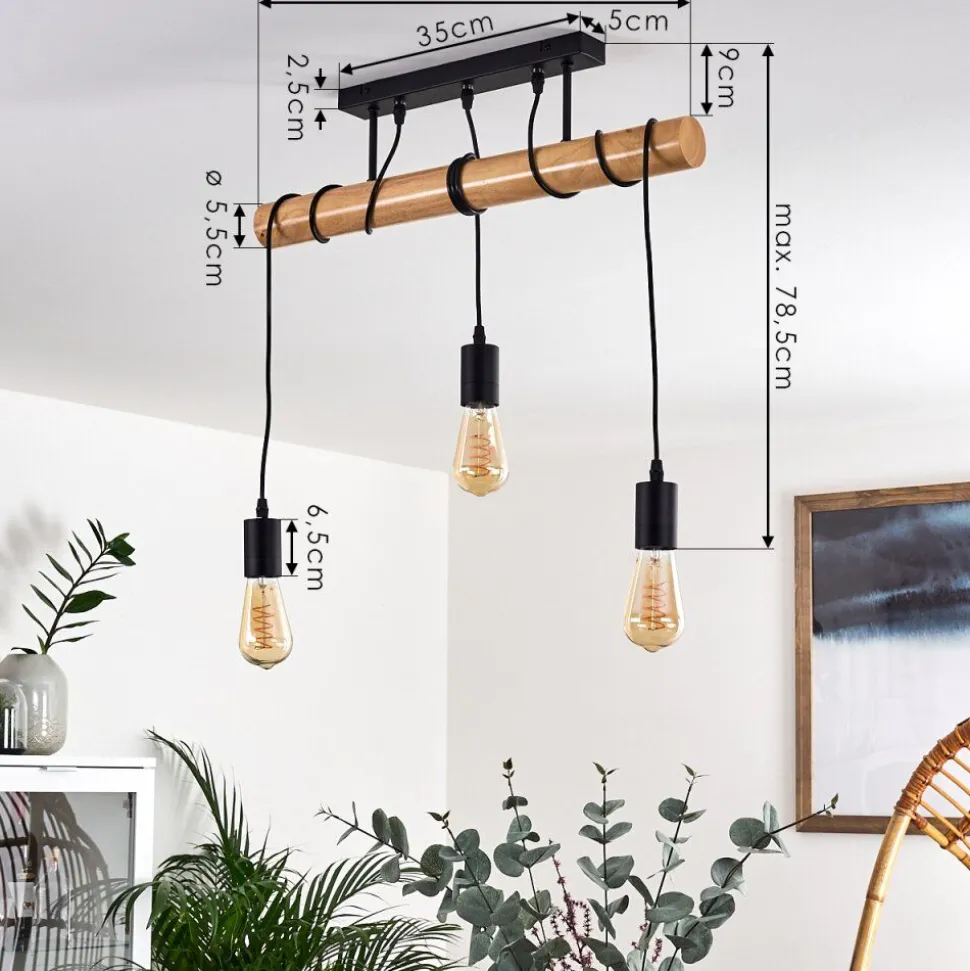 Plafonnier Yaak Bois Clair, Noir, 3 Lumieres